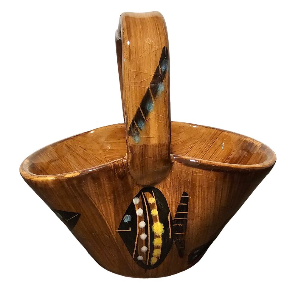 MCM Ceramic Brown Basket with Moriage fish motif made in Italy 5068/A